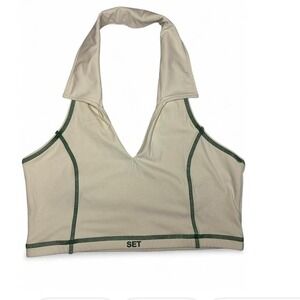 SET ACTIVE Cream Green Stitch Halter Crop Top Athletic Large Tennis Preppy Retro